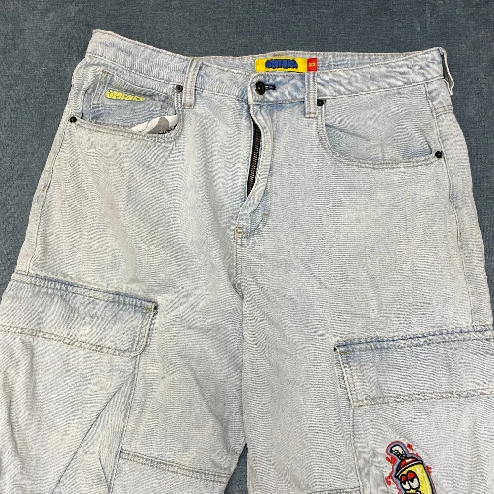 Empyre Loose Fit Cargo Jeans Mens 32 Blue Denim Flat Front Pockets Embroidered